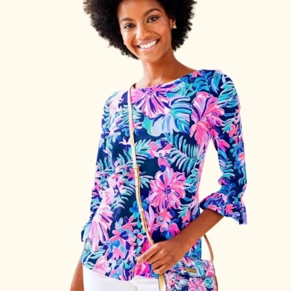 EUC Lilly Pulitzer Waverly Ruffle Top in Multi Garden Get Away Size SMALL - Picture 3 of 3